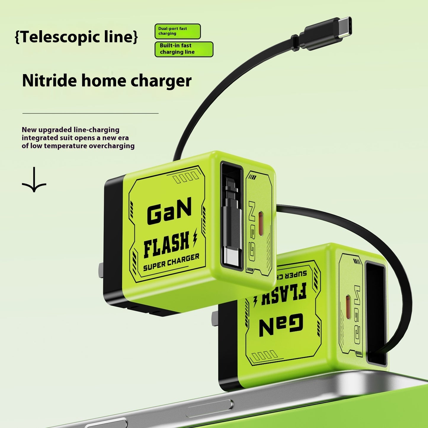 Professional GaN Fast Charger - Dual Port with Built-in Telescopic Cable