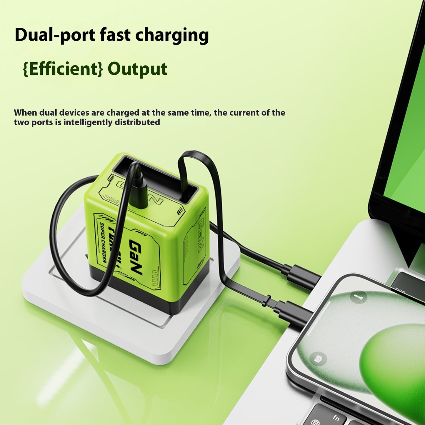 Professional GaN Fast Charger - Dual Port with Built-in Telescopic Cable